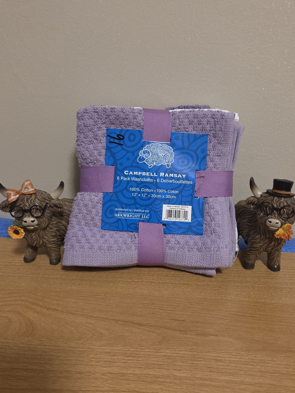 Campbell Ramsay 6 Pack Washcloths 100% Cotton 12" x 12" Purple